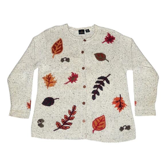 Vintage 90s Jenny Buchanan Fall Leaves Knit Cardigan Sweater - Picture 1 of 4